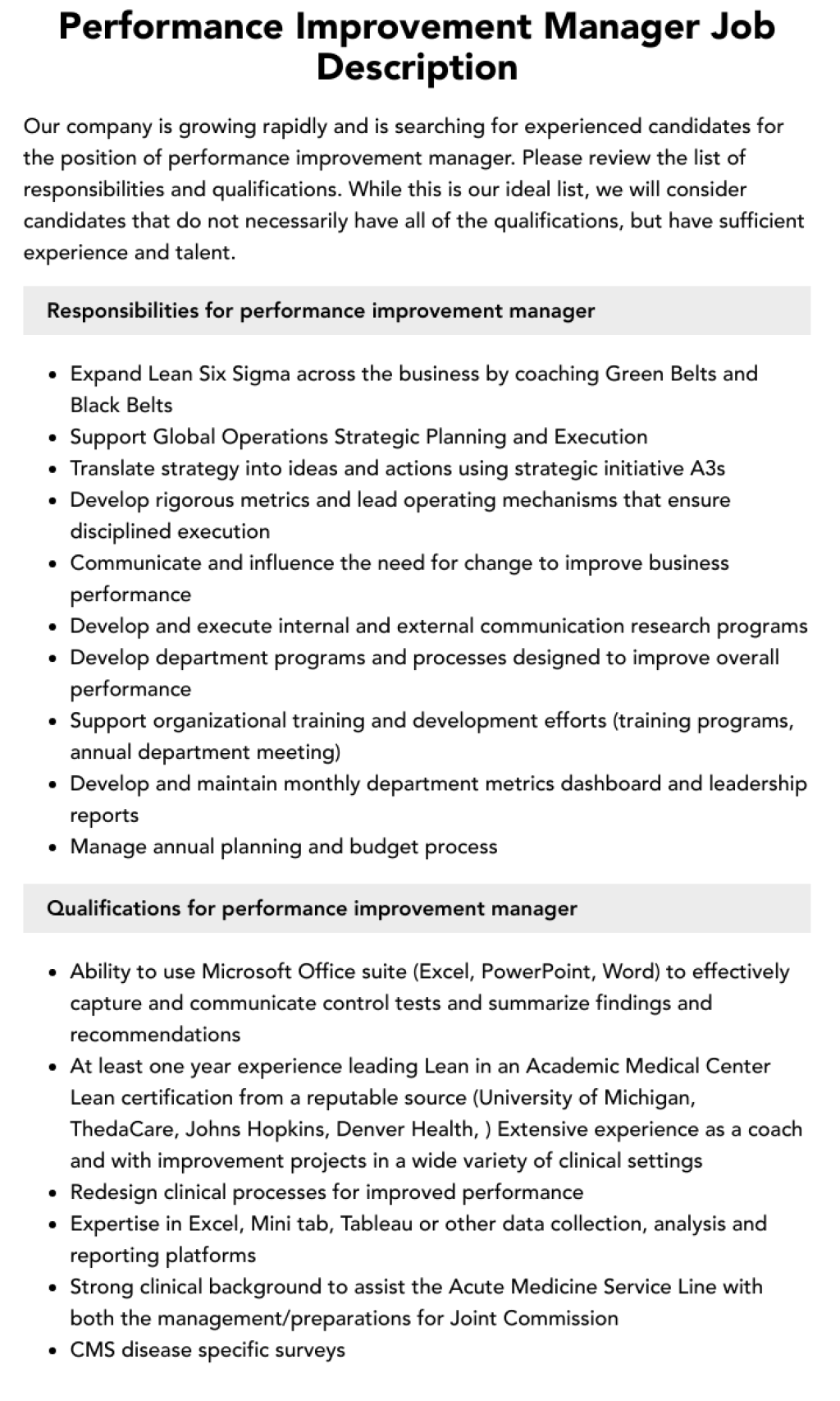 Picture of: Performance Improvement Manager Job Description  Velvet Jobs